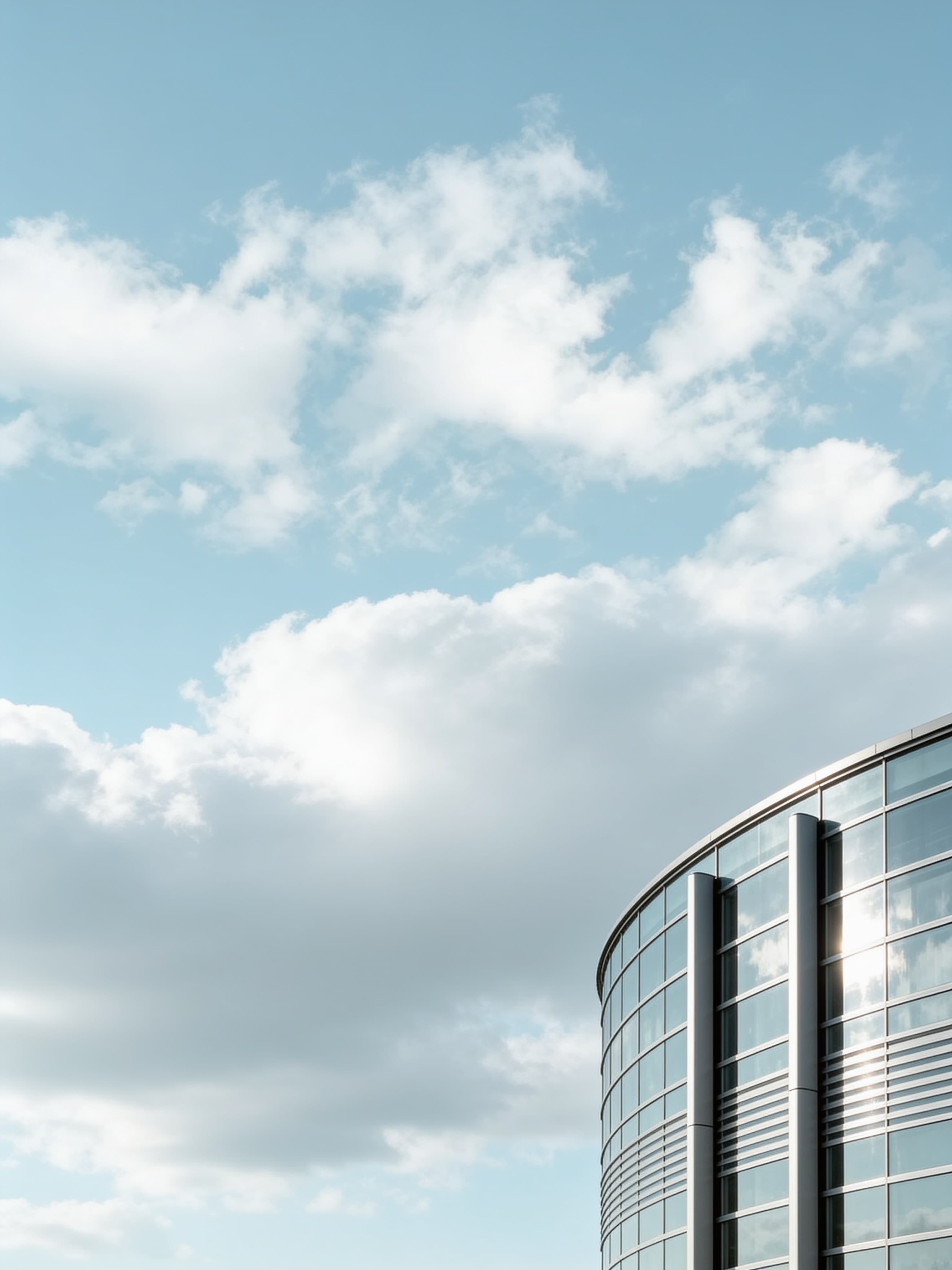Clouds above a curved glass institutional building